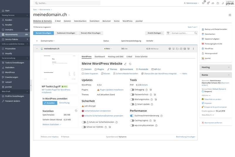 Plesk Anwendungen direkt installieren und WordPress verwalten